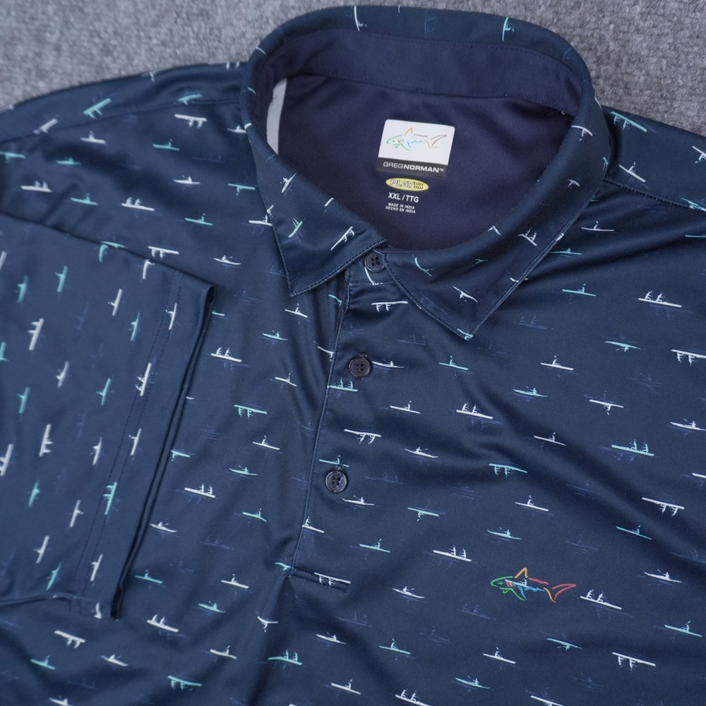 Greg Norman Polo Shirt Mens XXL Navy Blue‎ Nautical Rower Print Play Dry Golf